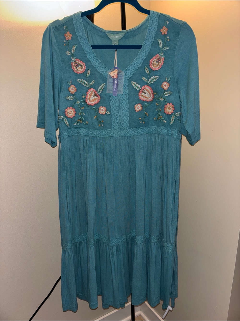 April Cornell Embroidered Teal Floral Midi Dress Size Small